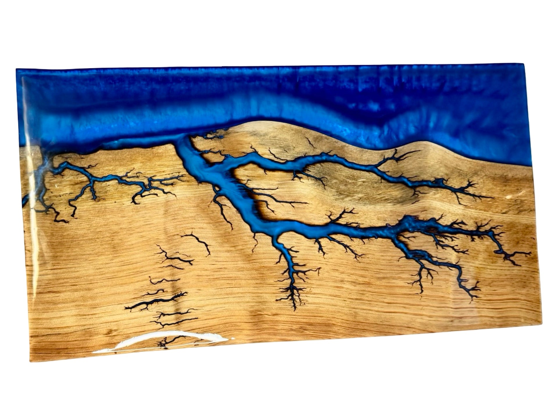 limited edition premium resin board ith sapphire blue resin and fractal burning art by fractal flow designs