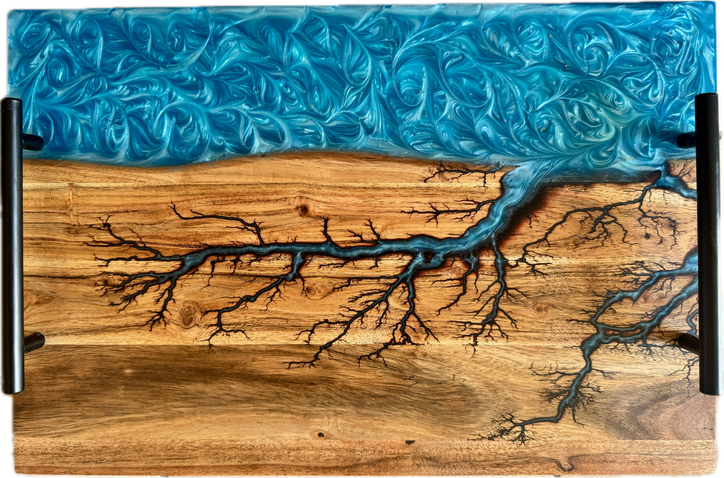 Premium serving board with sky blue resin river and black handles, fractal burned acacia timber charcuterie board East Gippsland Australia, Fractal Flow Designs