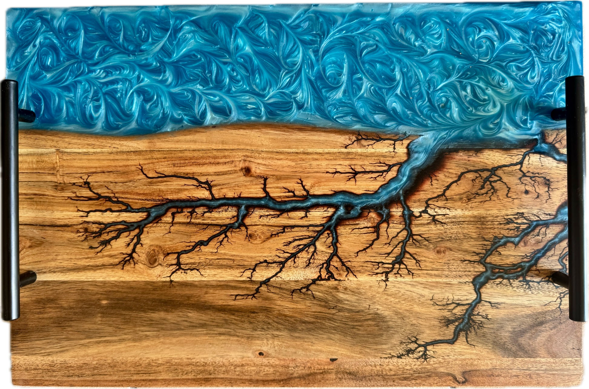 Premium serving board with sky blue resin river and black handles, fractal burned acacia timber charcuterie board East Gippsland Australia, Fractal Flow Designs