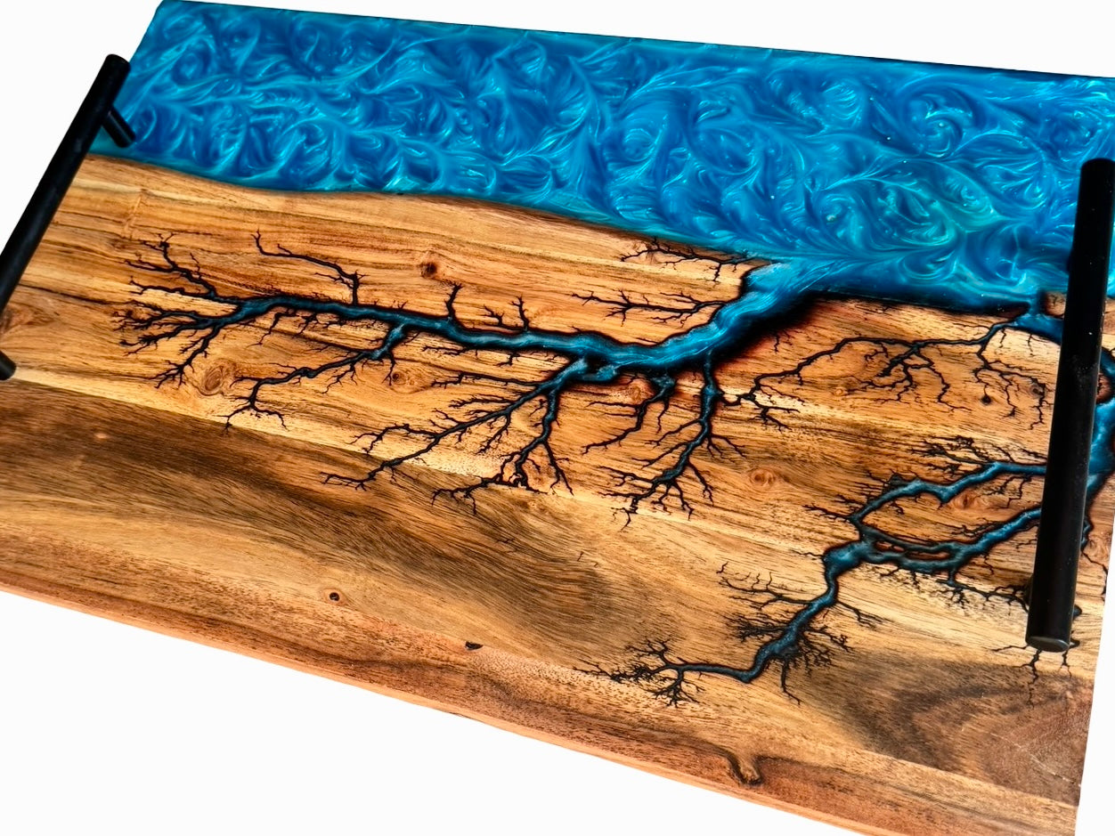 Large grazing board with sky blue resin river, lightning fractal burn artwork and black metal handles on acacia timber, premium resin boards Australia, Fractal Flow Designs