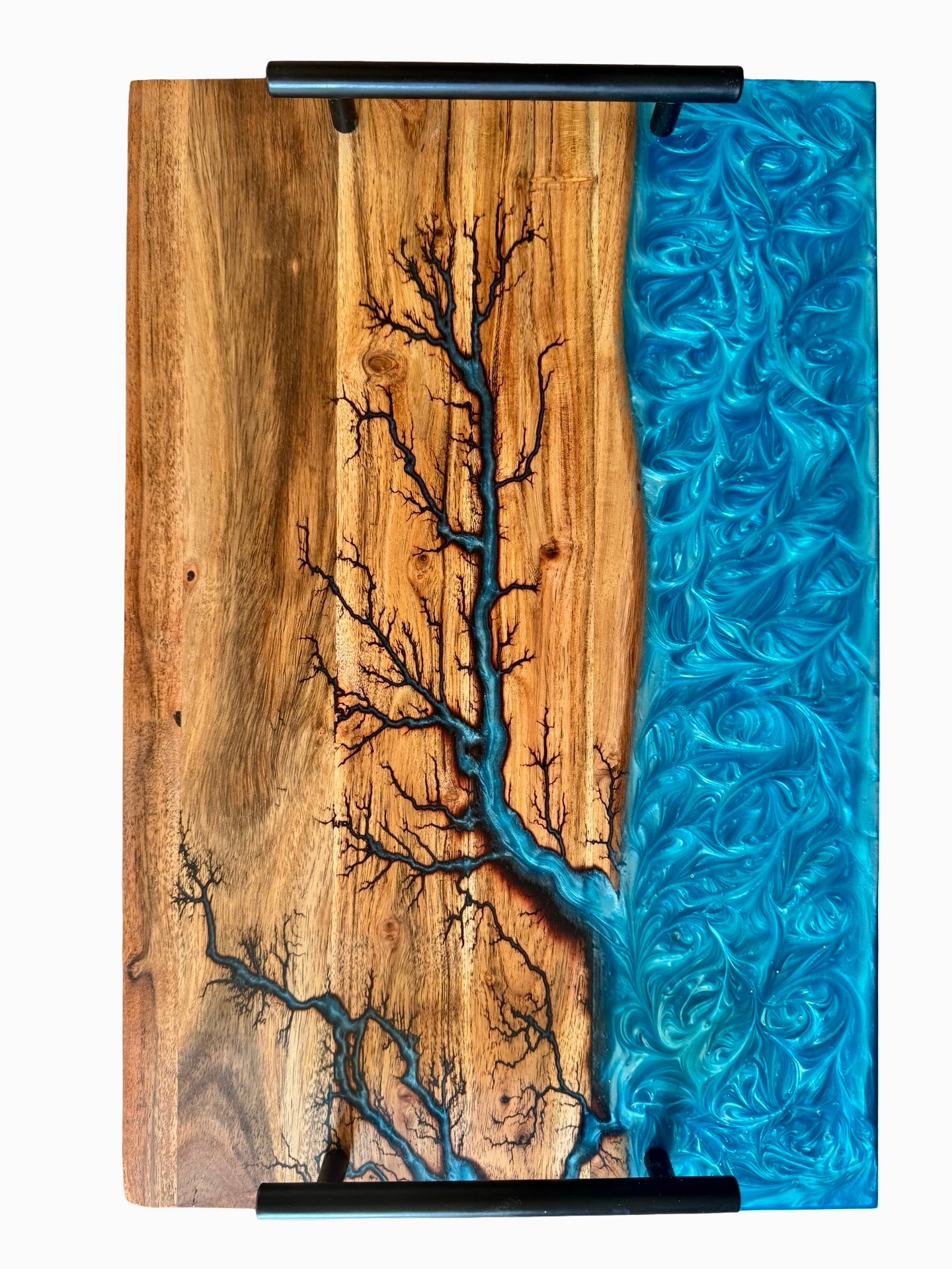 Sky blue resin river charcuterie board with black metal handles and fractal burning across acacia timber, handcrafted serving board Australia, Fractal Flow Designs