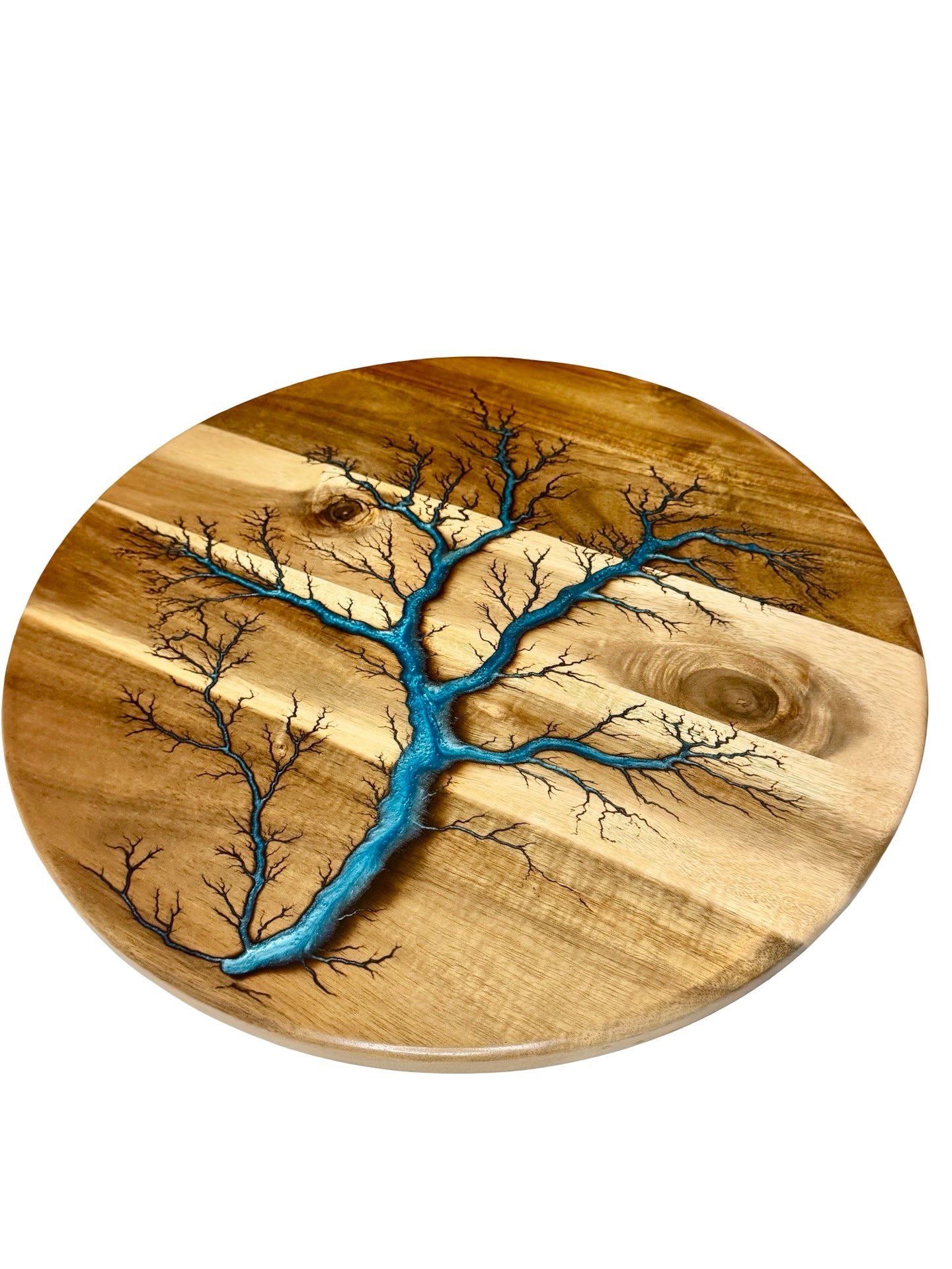 australian made lazy susan with sky blue resin made by fractal flow designs