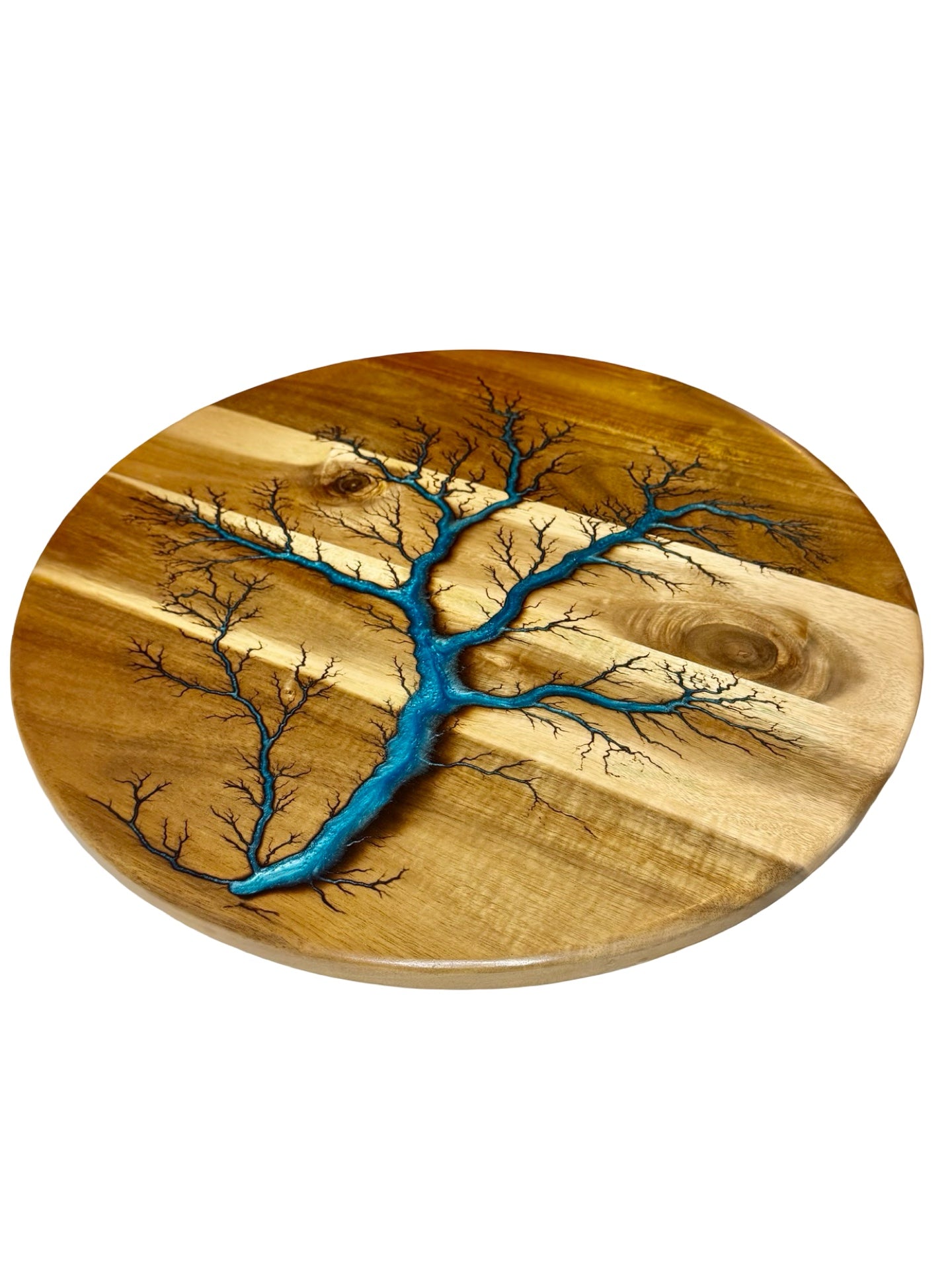 lazy susan with Lichtenberg art inlayed with sky blue resin made in bairnsdale victoria