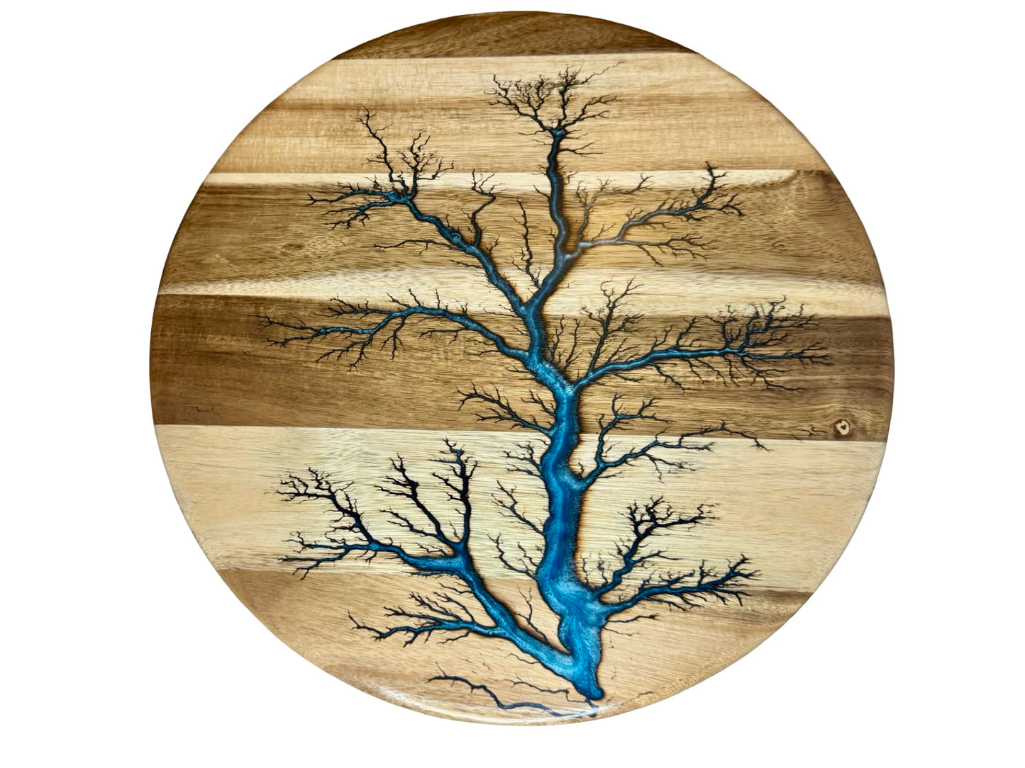 above photo of a wooden lazy susan with resin art made by fractal flow designs