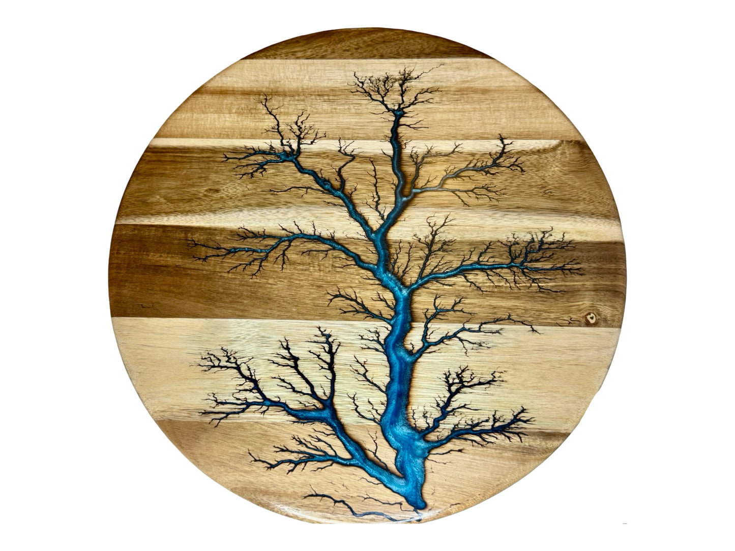 round  resin table centre piece with electic art made by fractal flow designs in victoria , australia featuring blue resin inlay