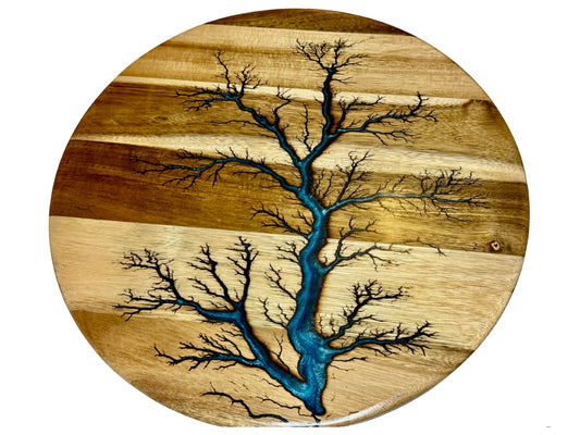 Electric blue resin inlay in a fracta burn on a acacia lazy susan made in australia by fractal flow designs 