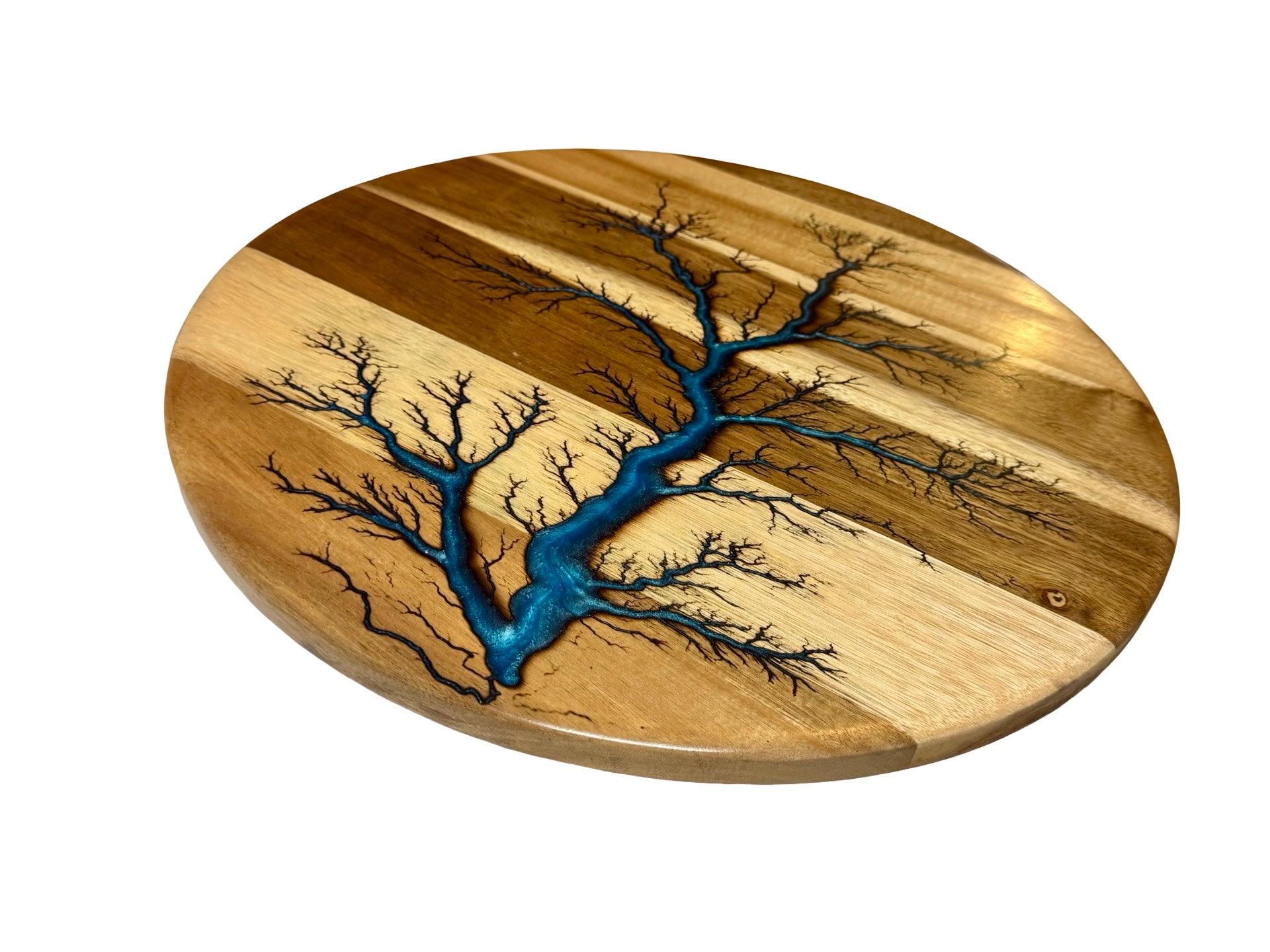 in australia by fractal flow designs is this acacia timber lazy susan with sky blue resin patterns done by electricity