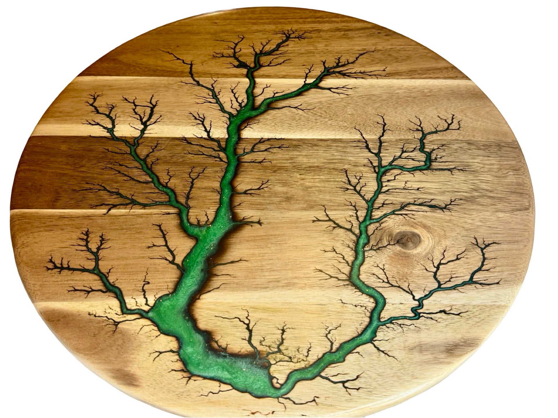 Electric burnt lazy Susan featuring green resin on acacia timber 450mm diameter made by fractal flow designs Australian resin boards 