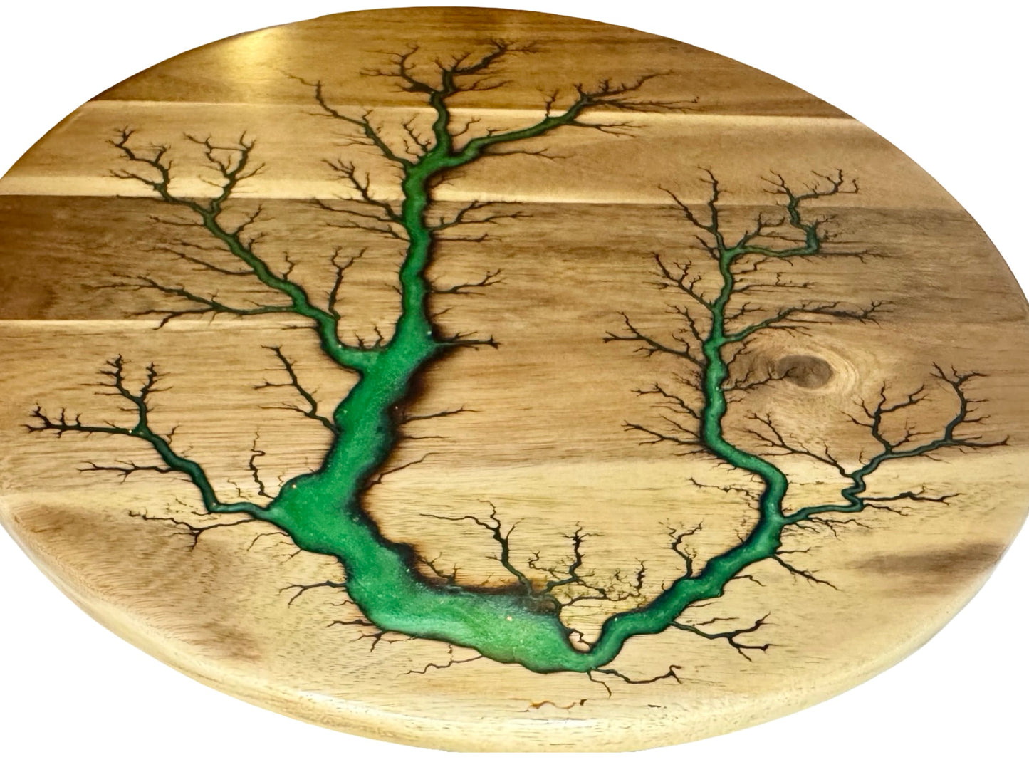 Top view of an acacia lazy Susan with green resin art by fractal flow designs in east Gippsland, Victoria 