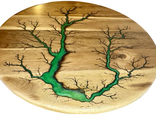 Top view of an acacia lazy Susan with green resin art by fractal flow designs in east Gippsland, Victoria 