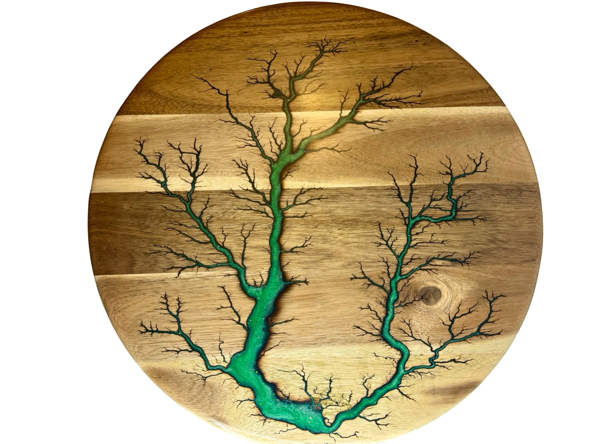 Above view of a large lazy Susan featuring fractal burning art by fractal flow designs local to east Gippsland , offering Australia wide shipping 