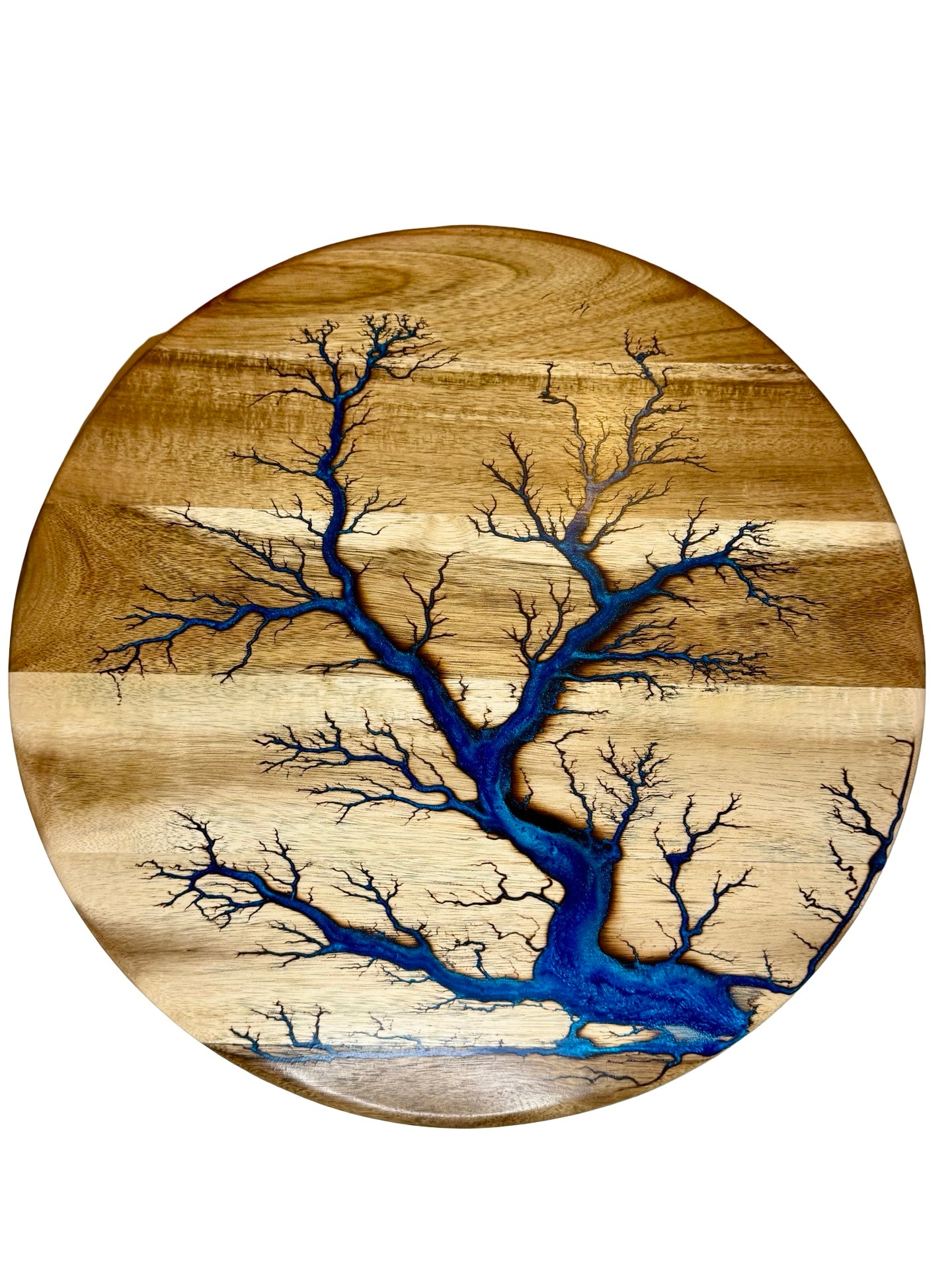 sapphire blue resin inlayed into a large acacia lazy susan , australian made by fractal flow designs