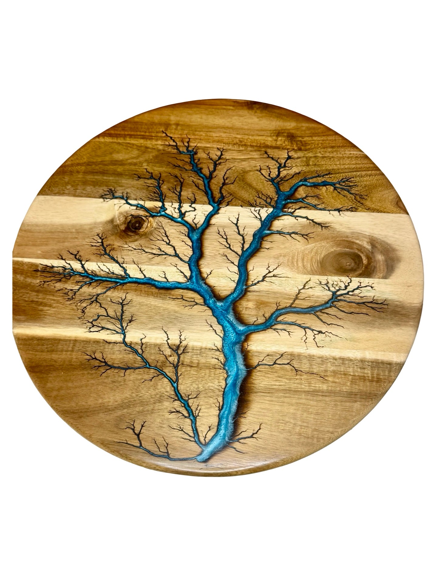 tree like pattern on a large lazy susan with sky blue resin inlay made in east gippsland