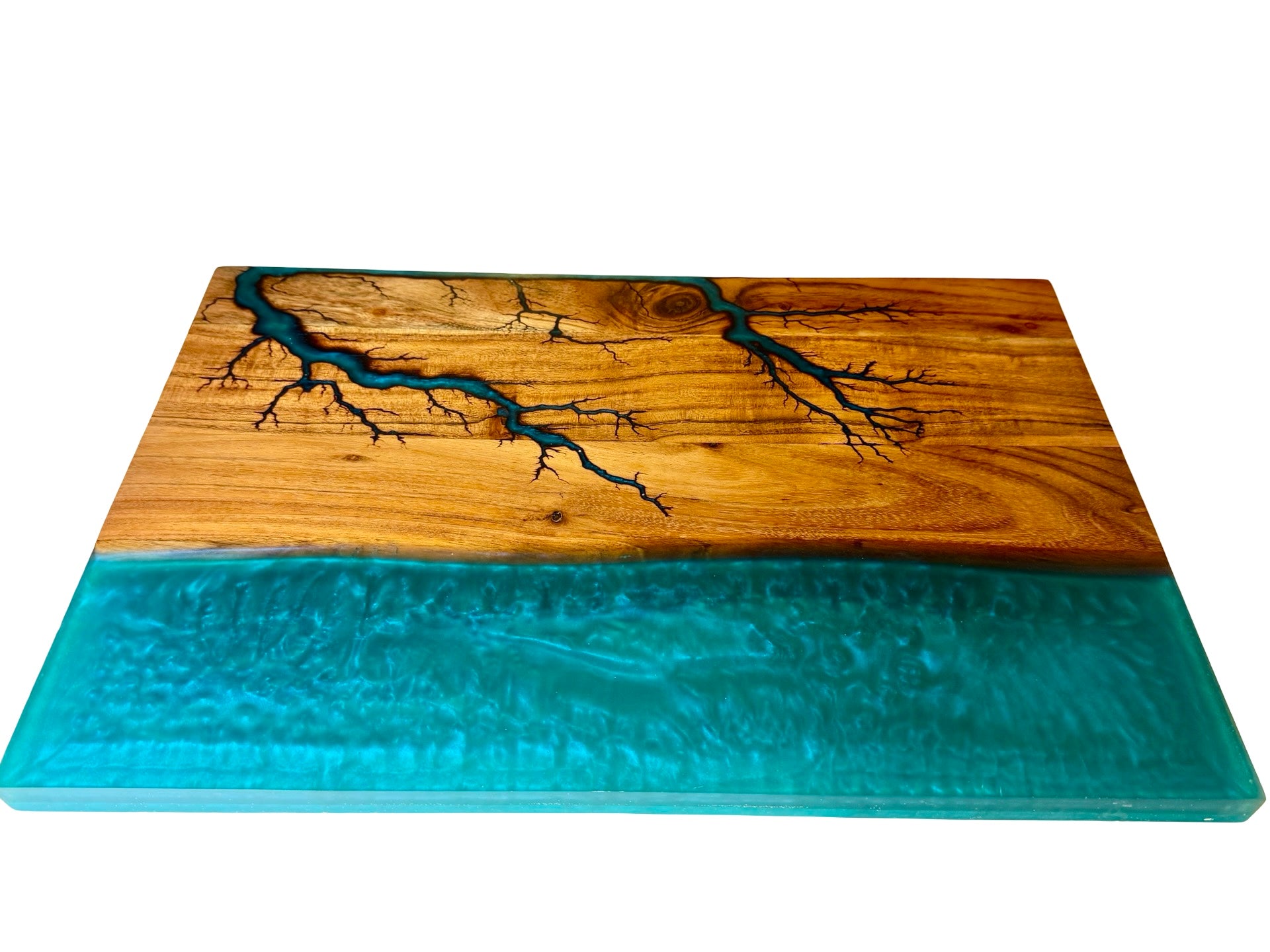 Fractal burned teal resin river board acacia wood cheese board Australian resin boards Fractal Flow Designs