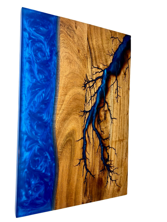 Sapphire blue river resin board featuring fractal burning art which is inlayed with the blue resin , Australian made premium resin art by fractal flow designs 