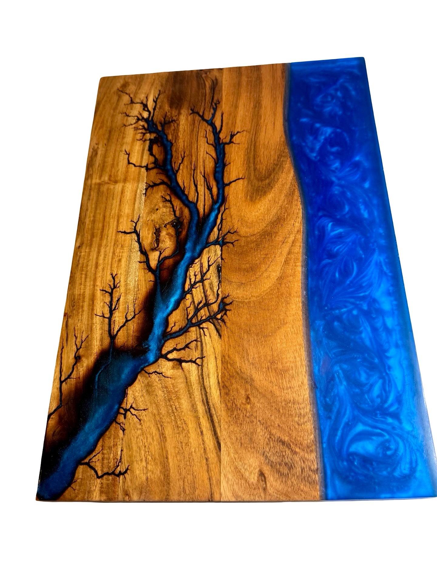 acacia wood and sapphire blue resin made in australia by fractal flow designs making great serving boards
