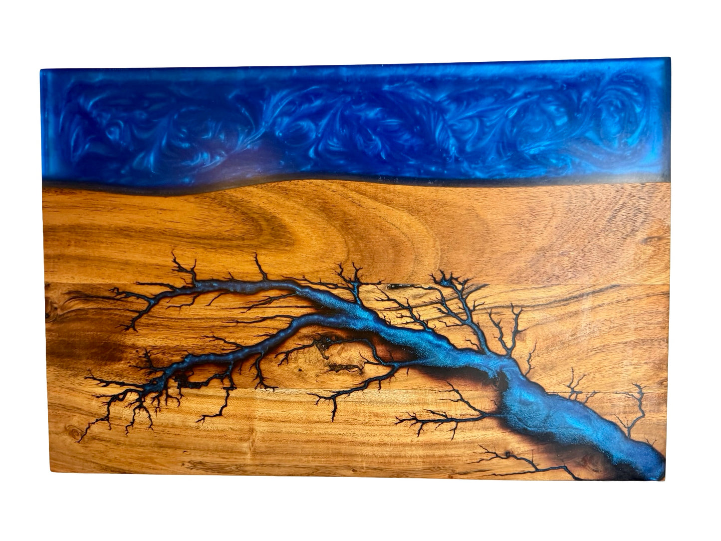 beautiful sapphire blue river resin board with electric art by fractal flow designs of Gippsland Victoria