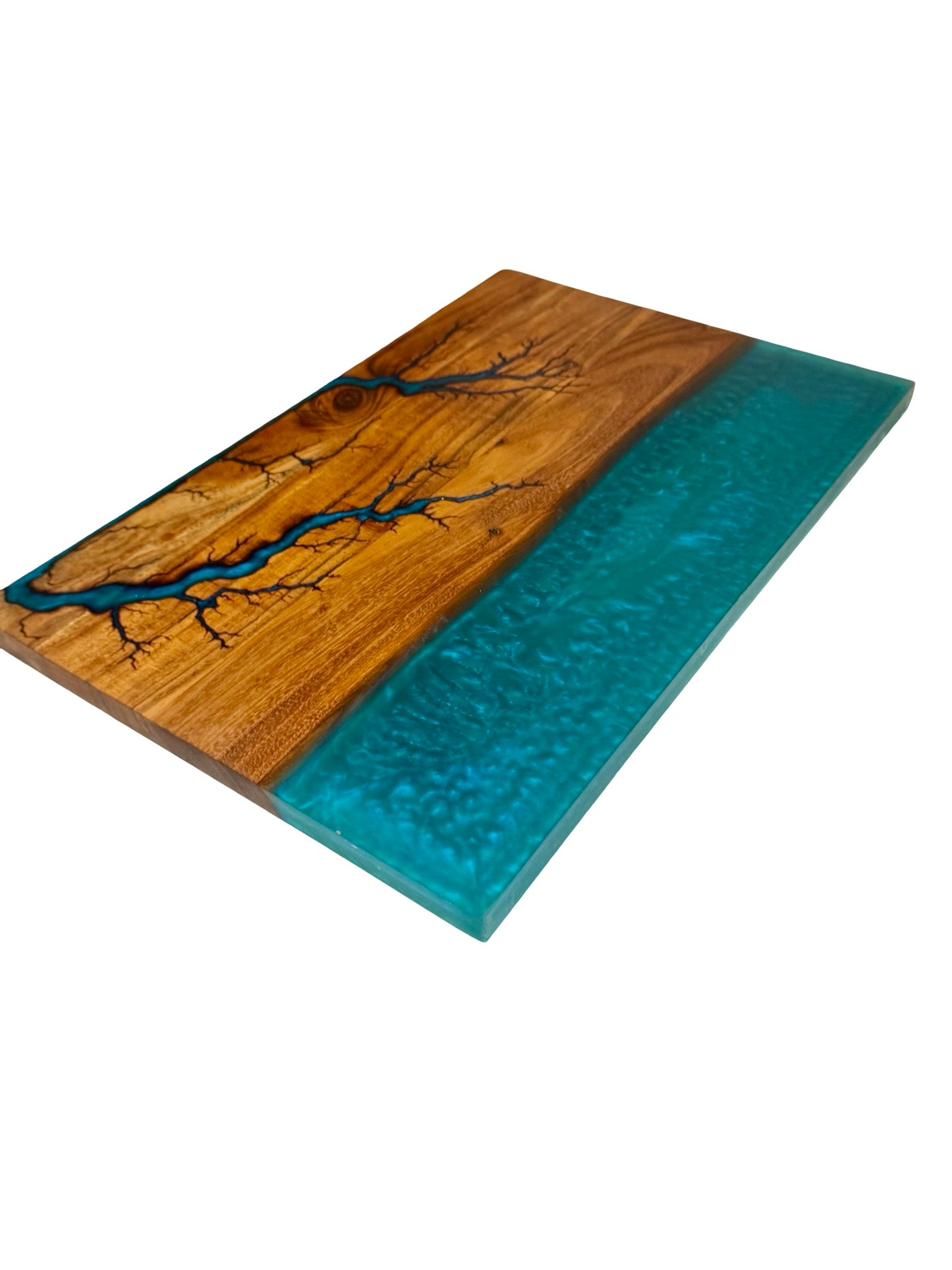 Teal resin river board fractal burning art acacia timber Australian resin boards Fractal Flow Designs Bairnsdale Victoria
