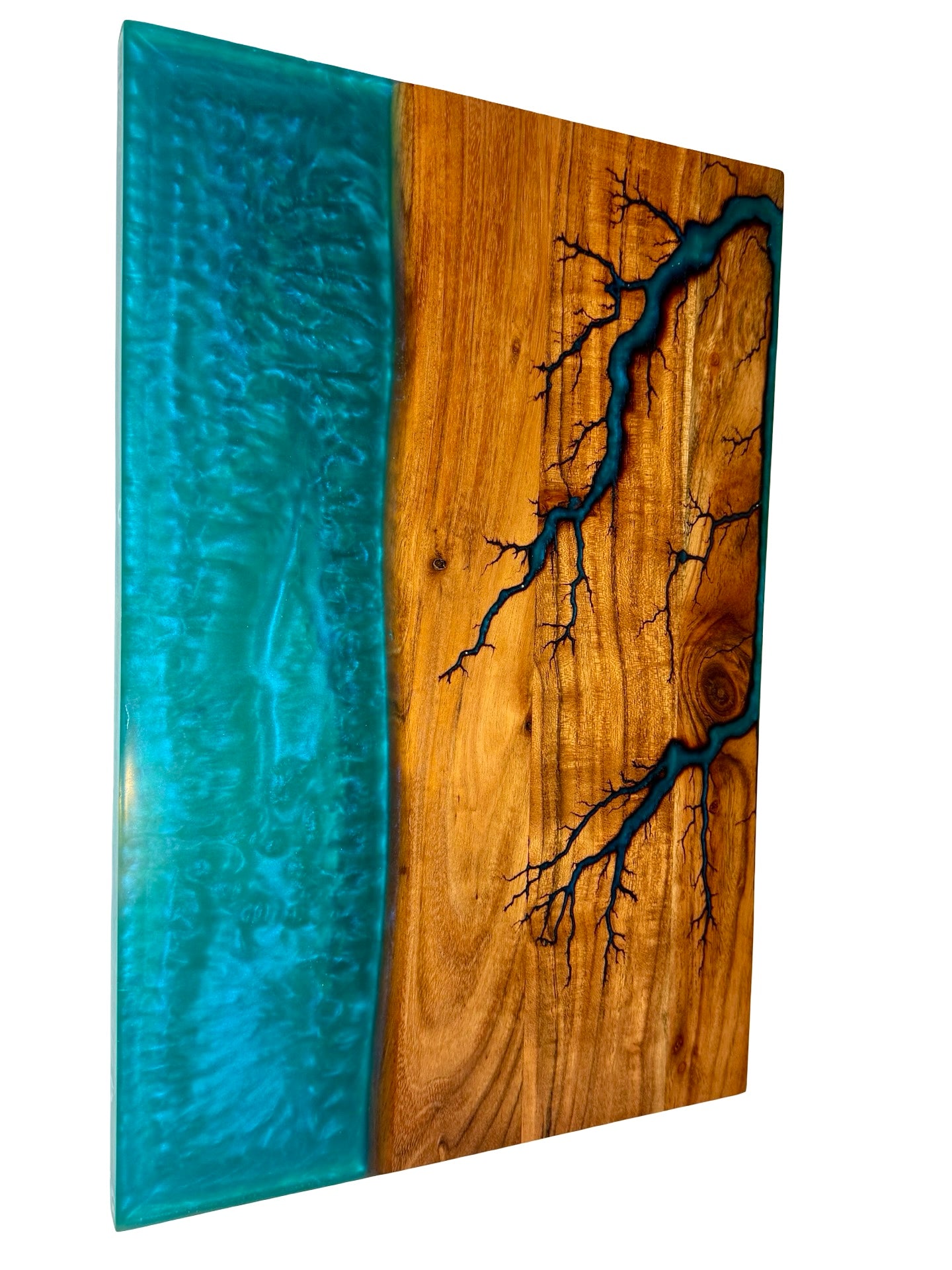Teal epoxy river charcuterie board fractal burn acacia wood serving board Australia Fractal Flow Designs Victoria