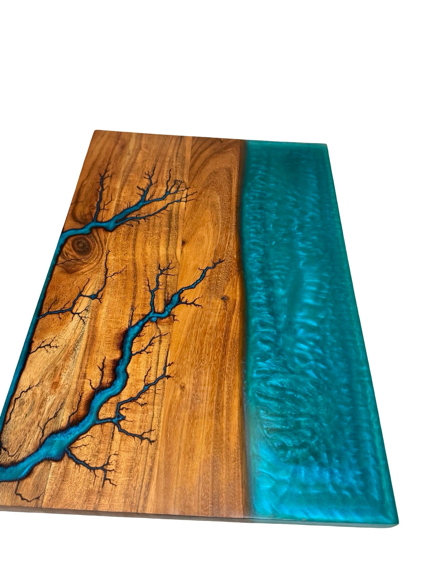 Teal resin serving board fractal burning acacia timber handmade resin boards Australia Bairnsdale Victoria