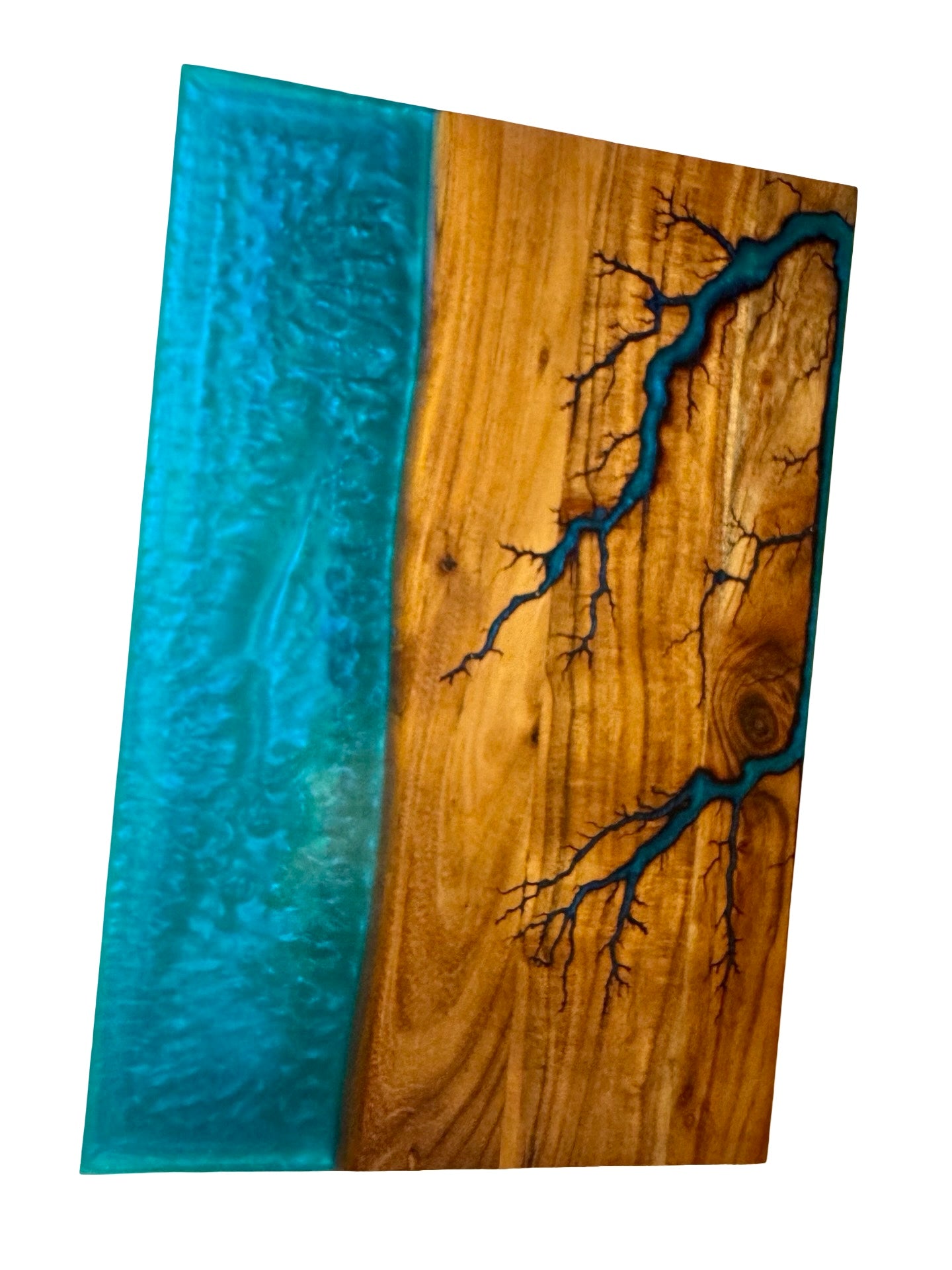 Handmade teal resin river board fractal burning acacia timber gift idea Australia Fractal Flow Designs