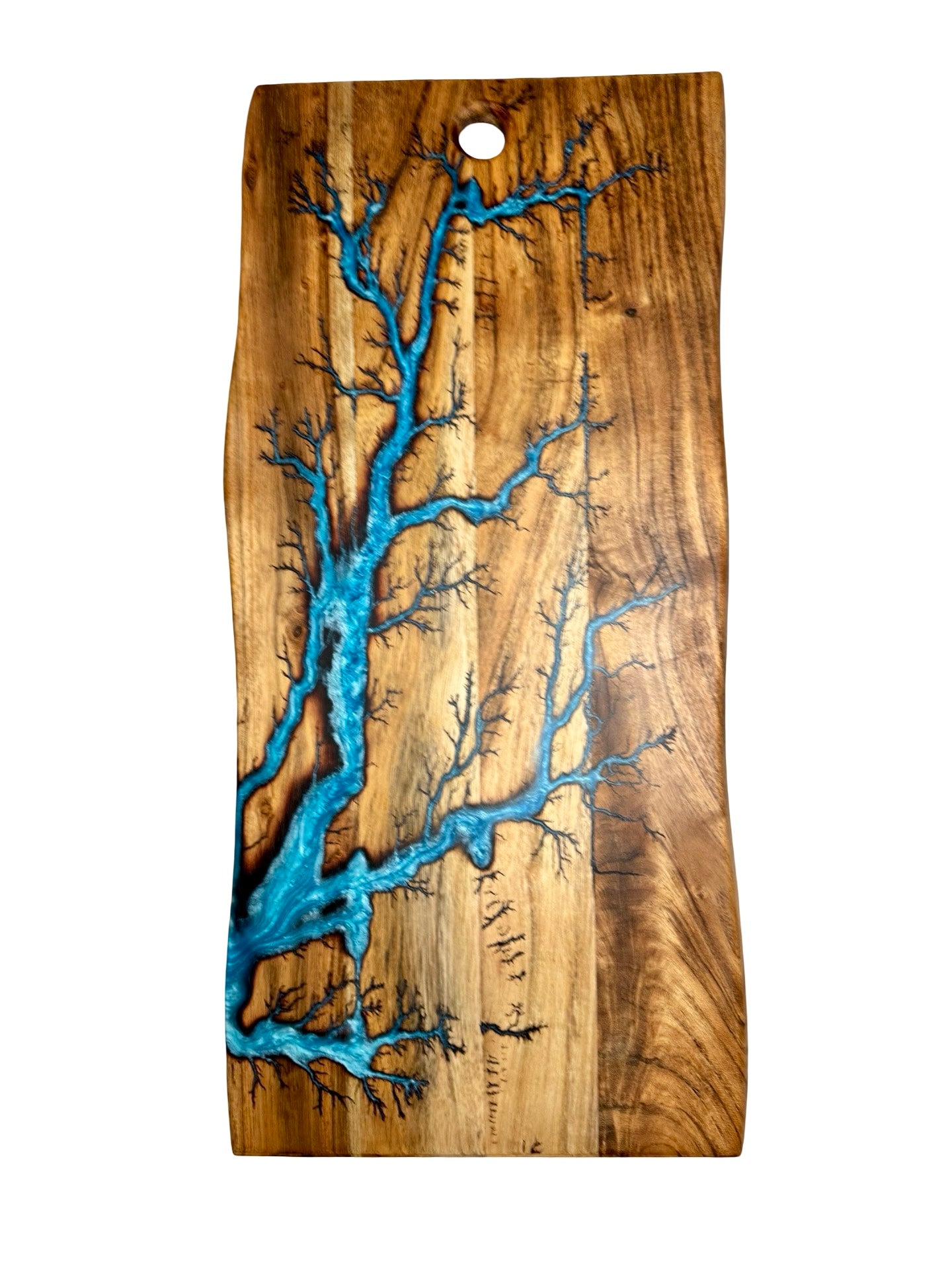 sky blue resin art on a acacia serving board with fractal buring art , large in size made b y fractal flow designs 