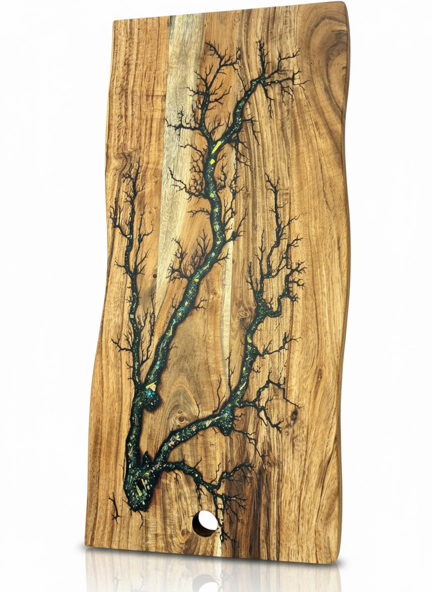 Fractal Flow Designs Australian resin board, natural timber live edge charcuterie platter, handcrafted in Victoria and designed for cheese, grazing and entertaining