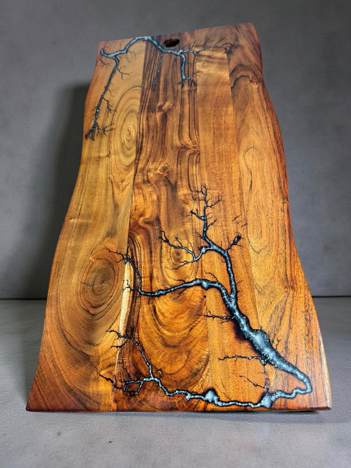 Silver reflective resin serving board Australian made resin boards Australia premium fractal burning art