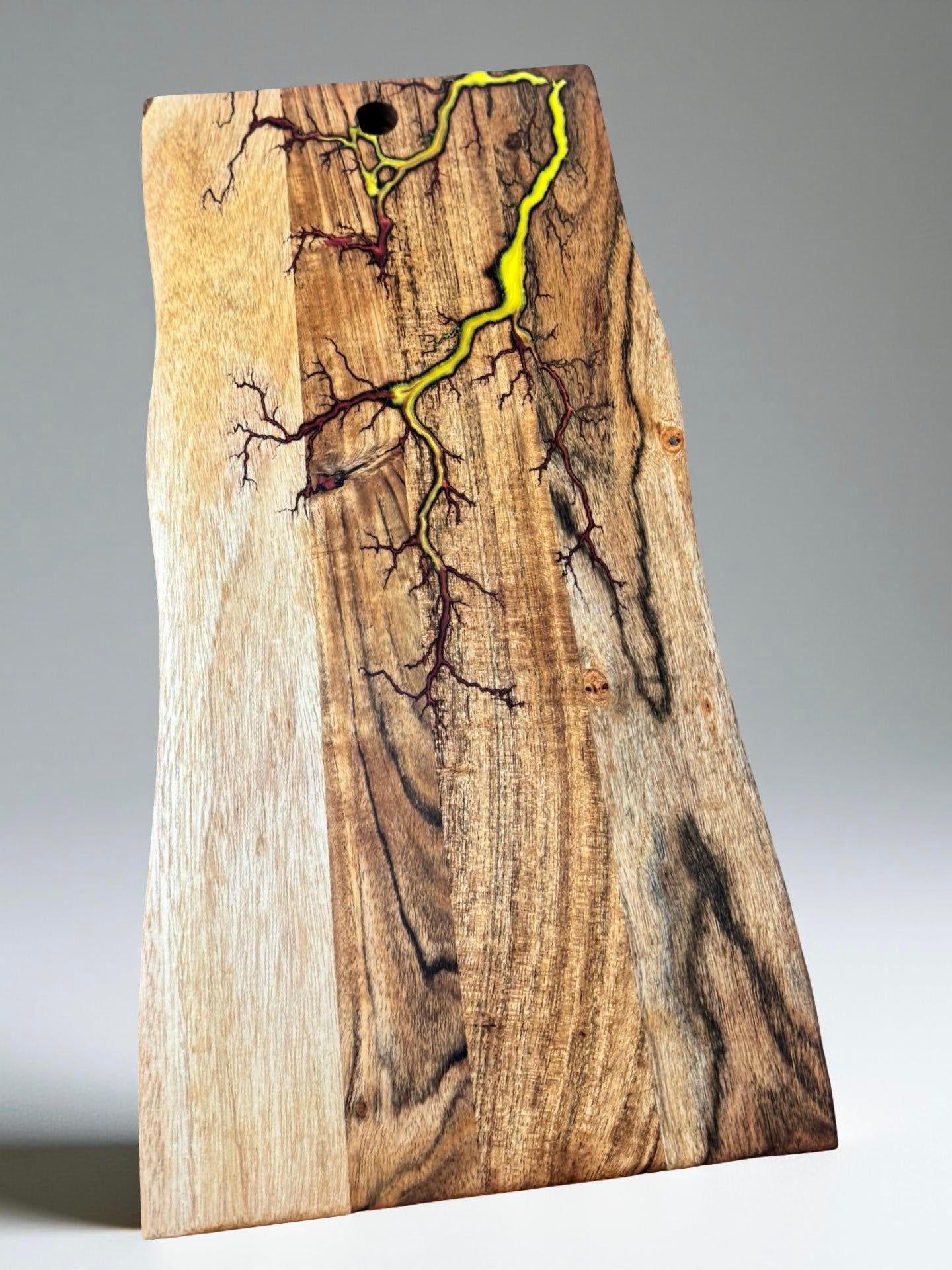 Red yellow fire resin live edge platter Australian timber resin boards Australia artisan fractal burn artwork