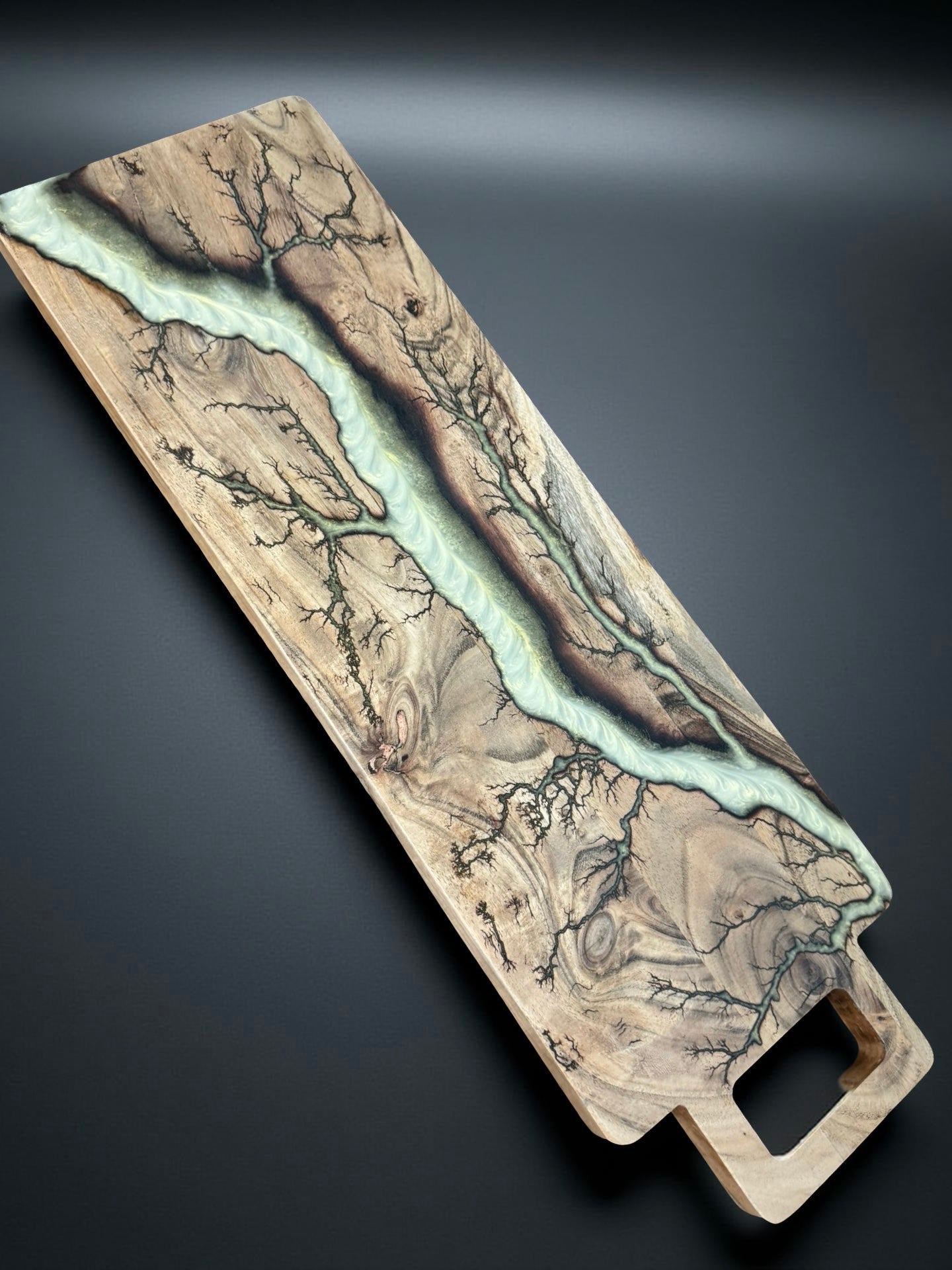 Long charcuterie resin board featuring fractal style details sustainable Australian timber