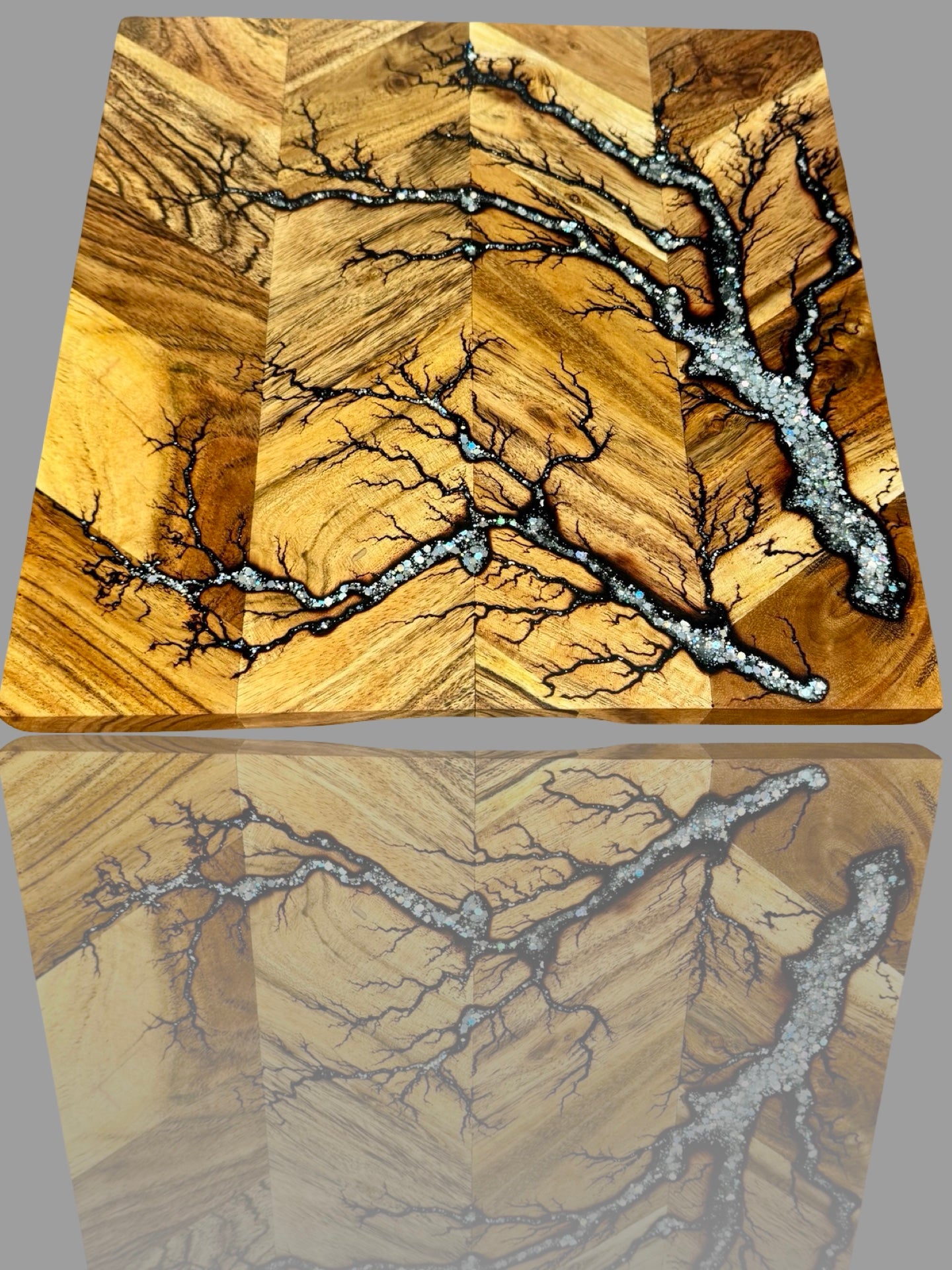 Handmade resin chopping board Australia, fractal burning electric design on premium timber, unique kitchen centrepiece