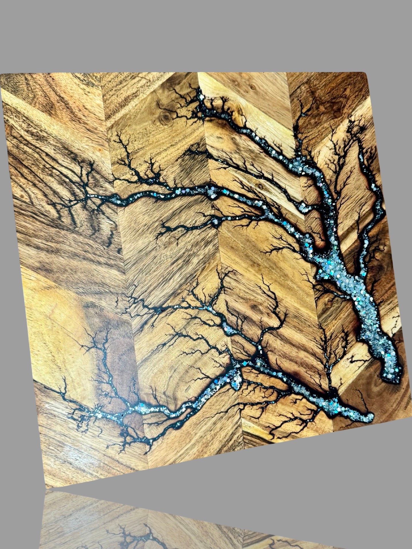 Gift-worthy resin chopping board handmade in Australia, fractal burnt timber board perfect for cooking and serving