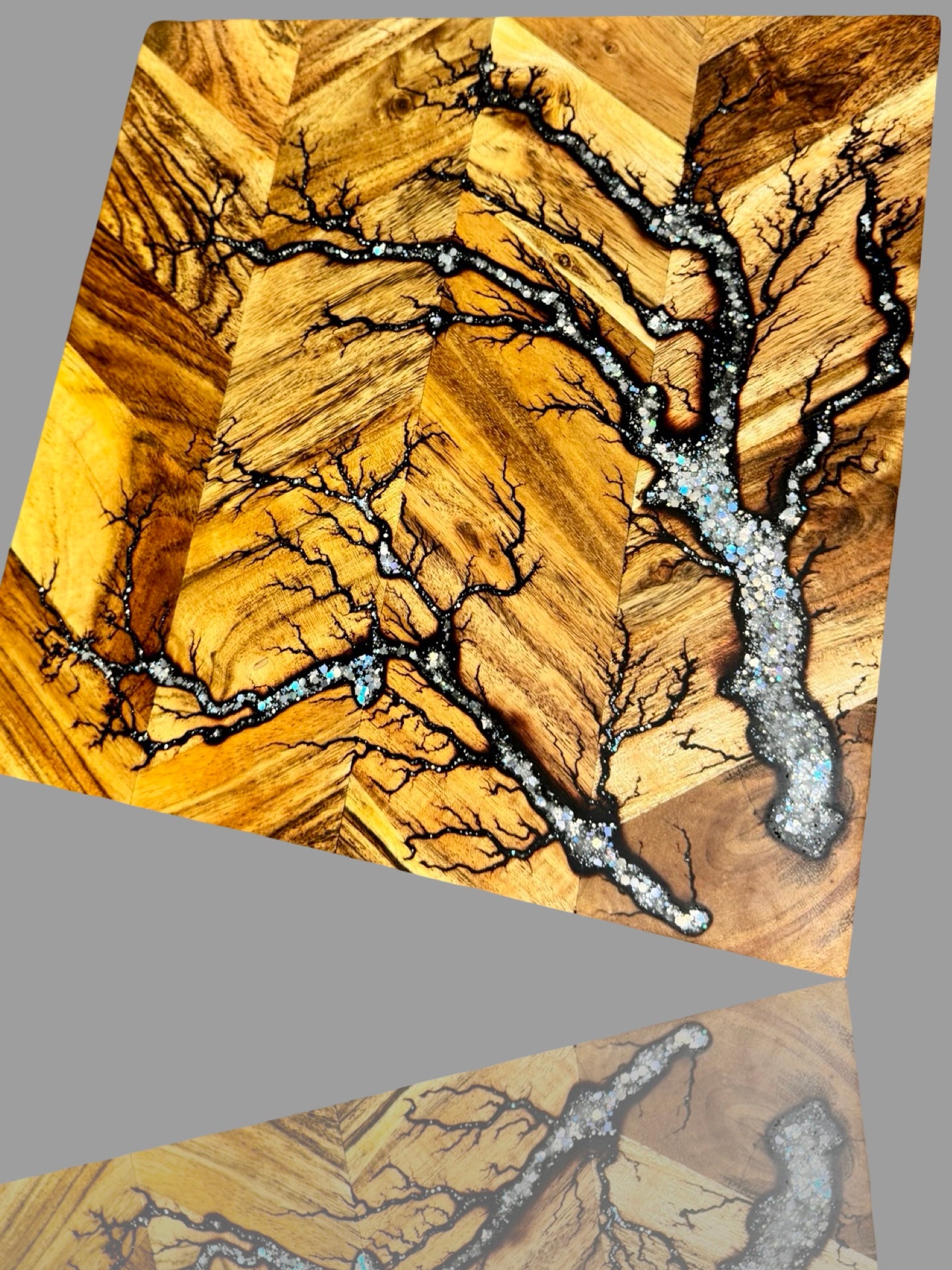 Luxury resin chopping board, artisanal timber carving board with lightning fractal art, Australian-made kitchenware