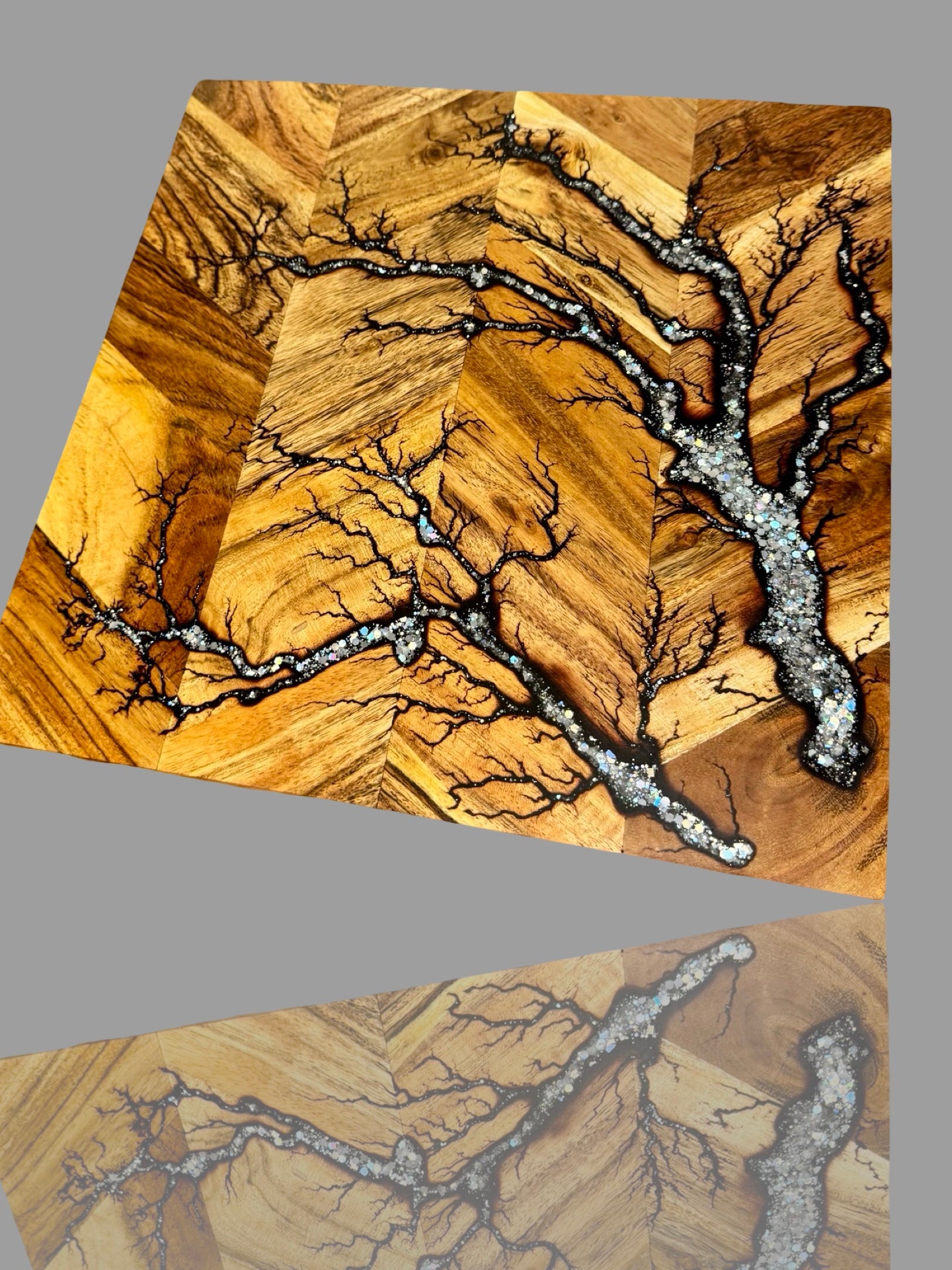 Fractal Flow Designs resin chopping board, electrifying lightning burn patterns, handmade in East Gippsland