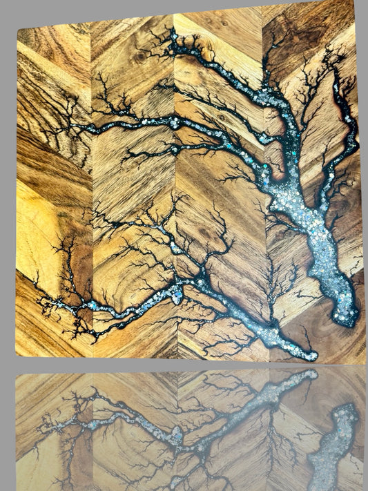 Australian-made resin chopping board with fractal burning design, handcrafted timber kitchen board by Fractal Flow Designs