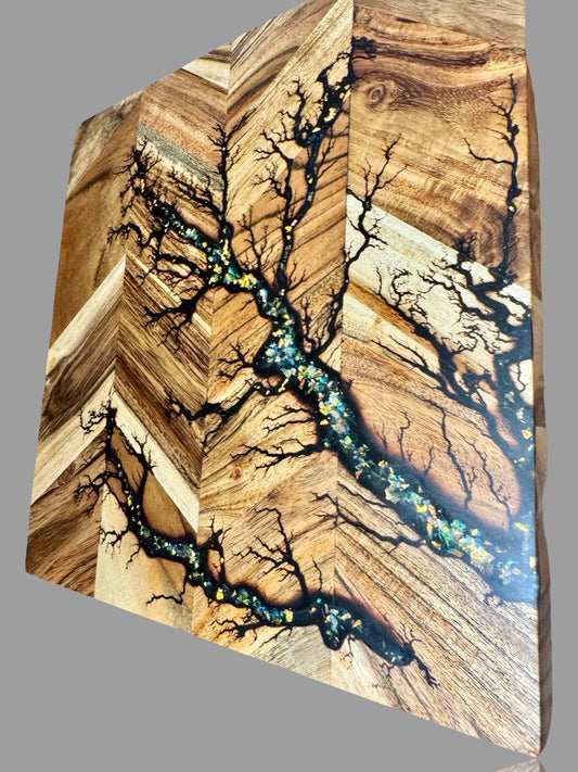 Resin chopping board handcrafted in Australia, premium timber with unique fractal burning electric art design