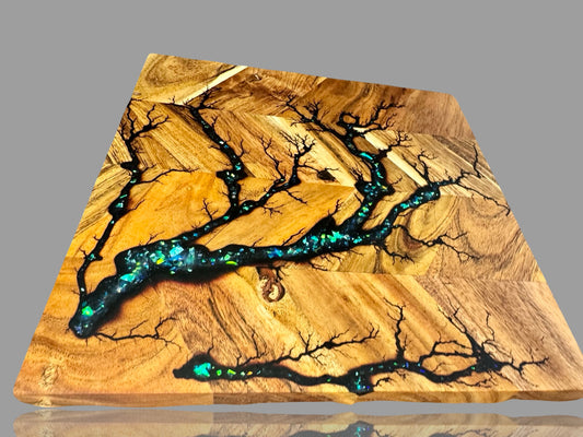 Premium Australian resin chopping board, unique lightning fractal design, artisan timber kitchenware Bairnsdale