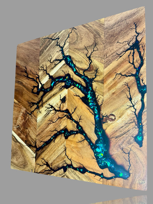 Handcrafted resin chopping board by Fractal Flow Designs, Australian-made timber with fractal burning art