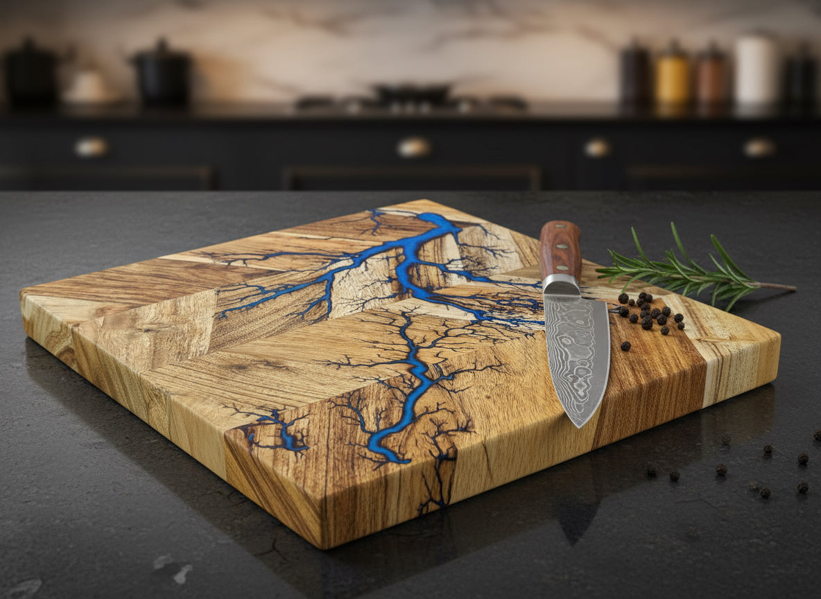 Next level resin chopping board with artisanal fractal burning and resin inlay. Handmade in australia by Fractal Flow Designs - perfect gift for weddings - housewarmings, and anniversaries