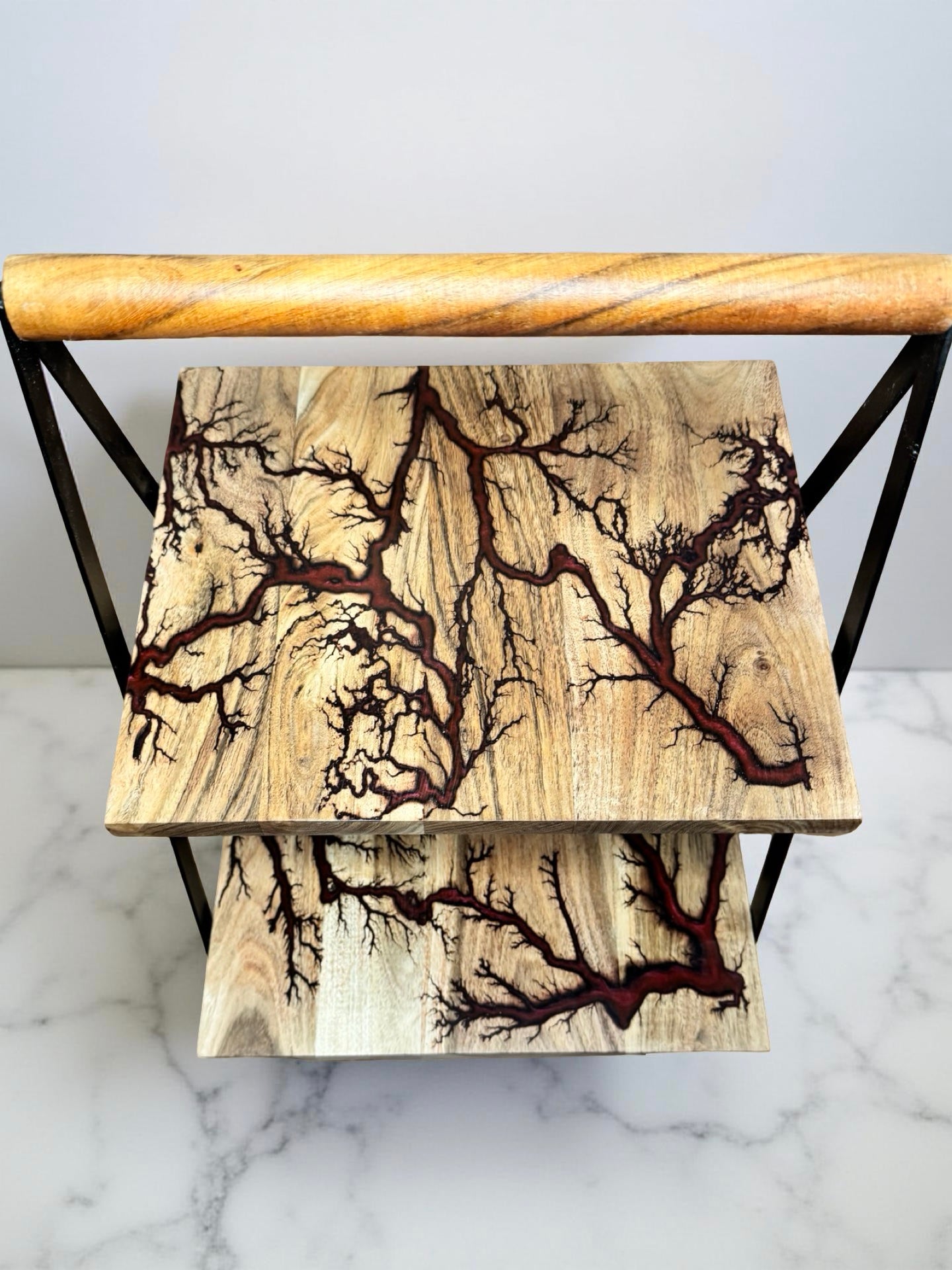 Luxury red resin cake stand Australian timber food safe finish handcrafted in East Gippsland premium fractal burning art resin boards Australia