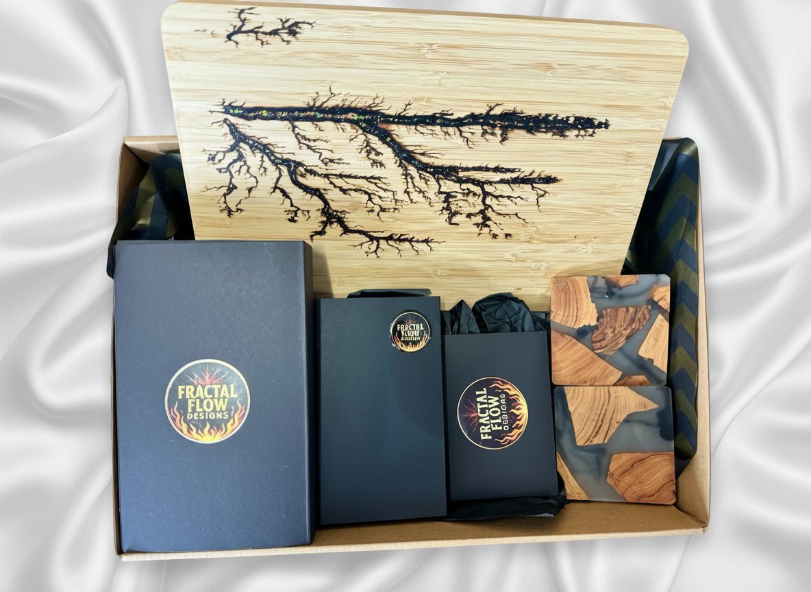 Sustainable bamboo chopping board gift box with resin bottle opener and care kit