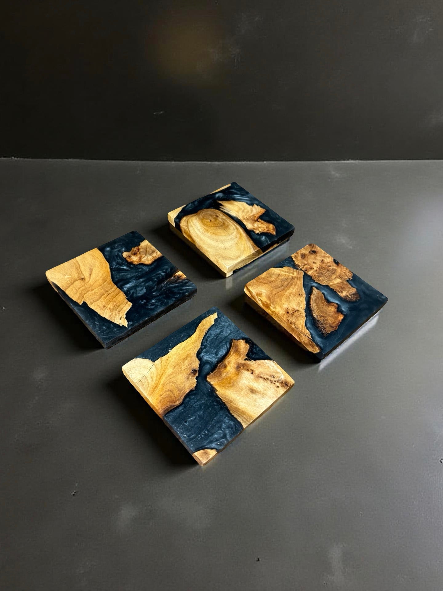 Square black resin and timber coaster handcrafted in East Gippsland by Fractal Flow Designs