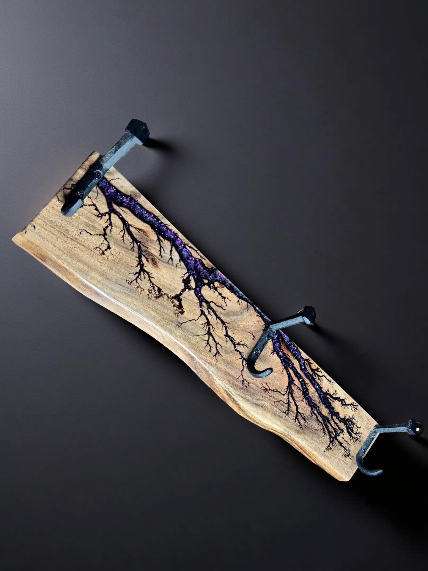 Handcrafted timber coat rack with holographic resin art, bold Australian design