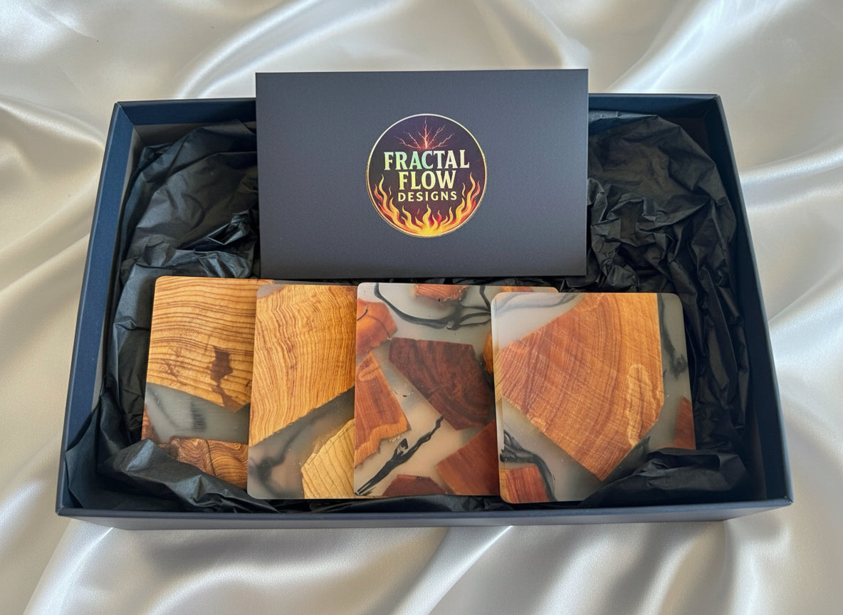 East Gippsland Artist Fractal Flow Designs resin coasters – handcrafted timber and resin pieces, perfect for protecting surfaces and elevating home décor.