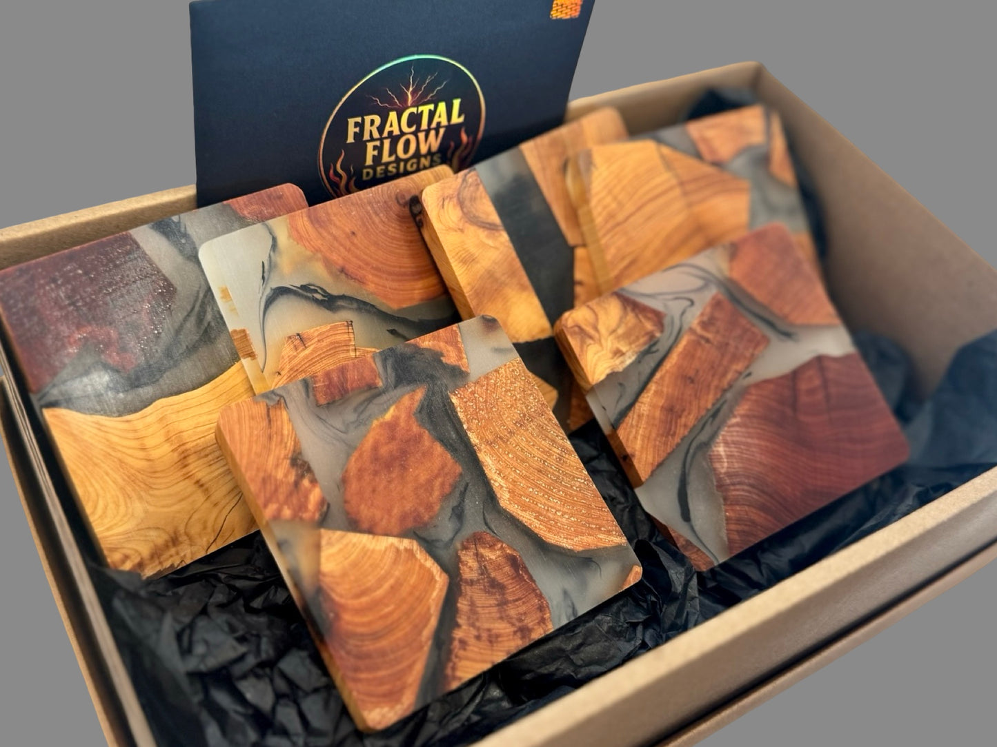 Australian resin coasters by Fractal Flow Designs – stylish wood and resin drink coasters made in Bairnsdale East Gippsland Victoria.