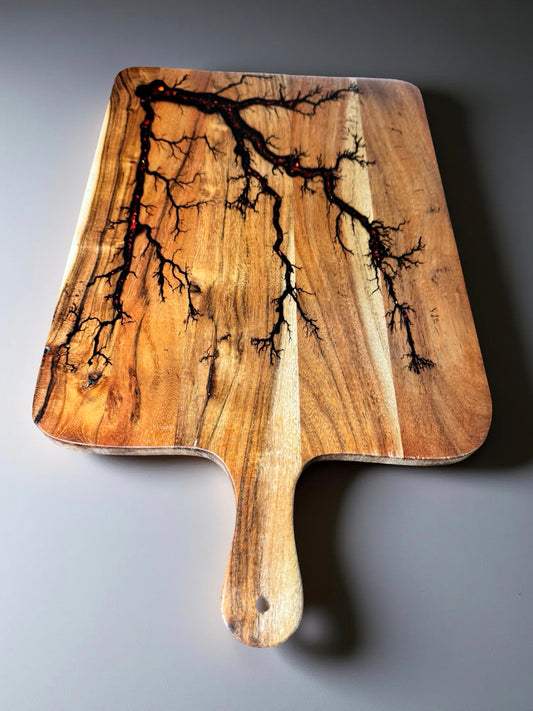 Resin paddle board with red flash fractal artwork handcrafted in East Gippsland by Fractal Flow Designs