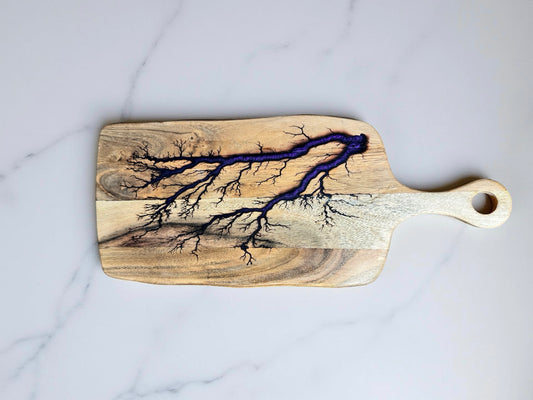 Australian acacia cheese board rectangle paddle purple resin art with fractal burning art