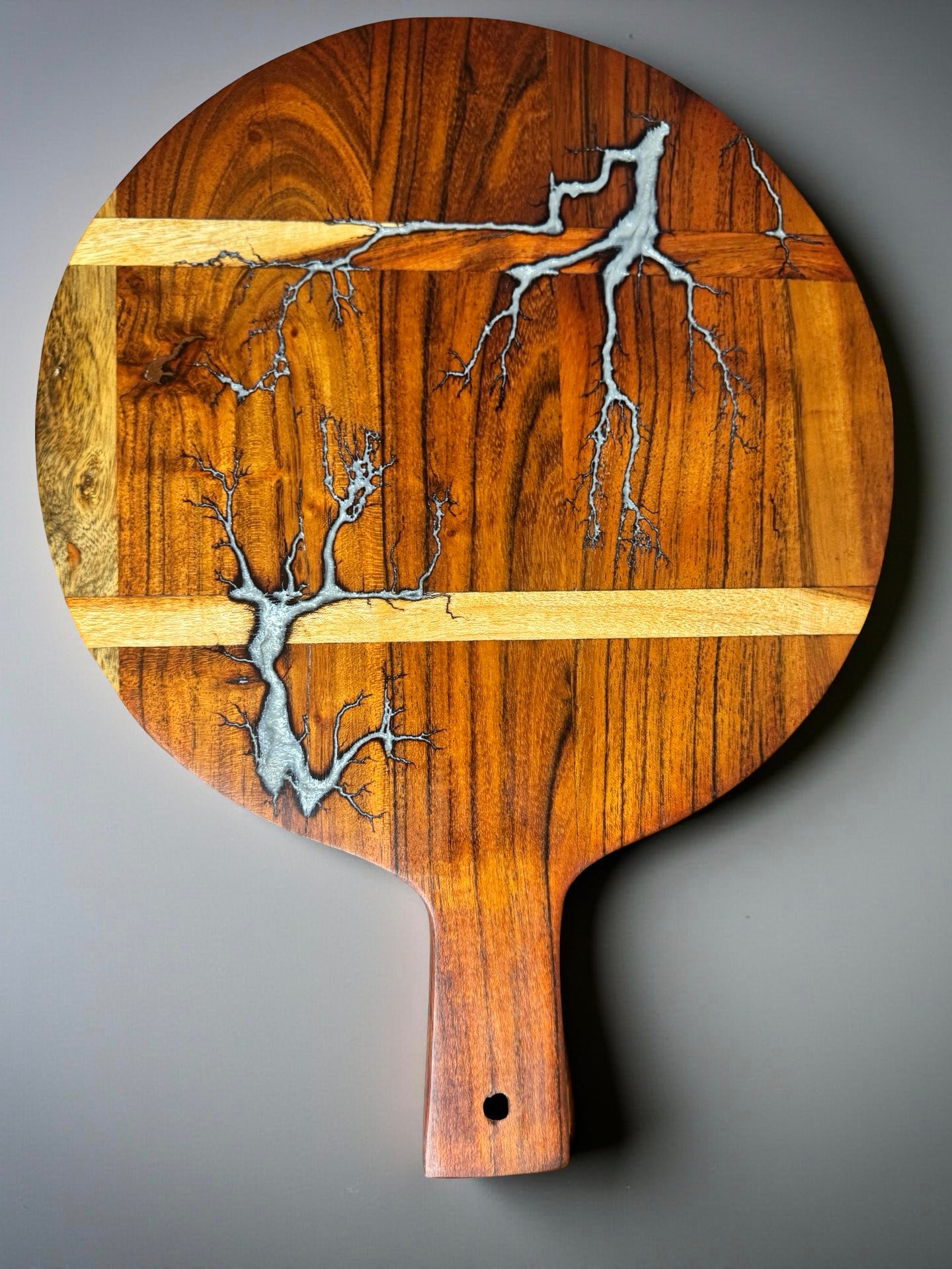 Round acacia cheese paddle silver resin art luxury serving board East Gippsland artisan design