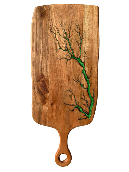 Handmade green resin cheese board paddle with fractal burning art, Australia