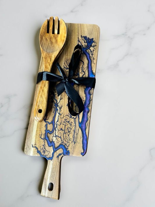 Luxury resin cheese board purple colour with two wooden utensils, Australian made grazing board